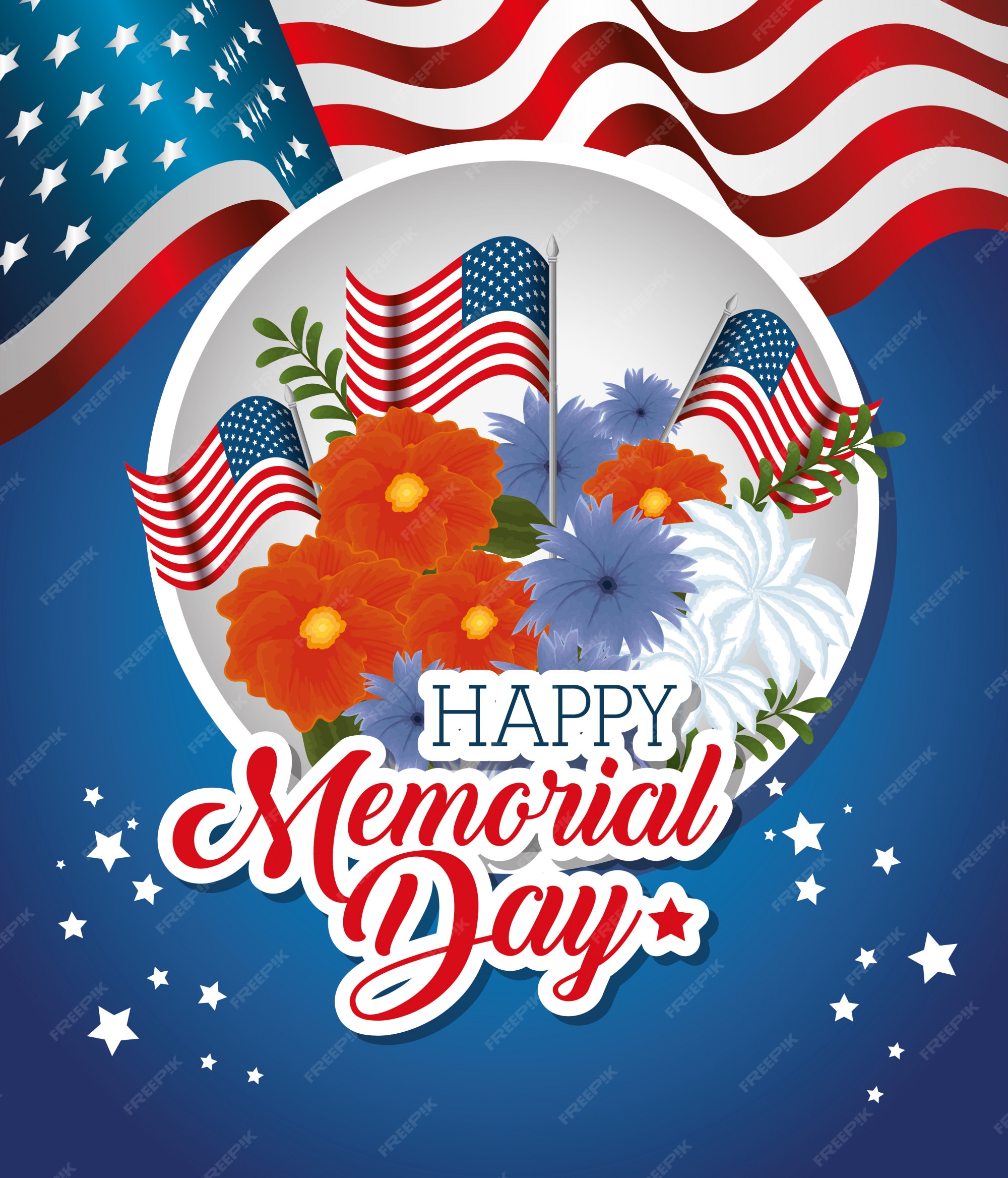 Premium Vector | Happy memorial day with beautiful flowers and usa flags