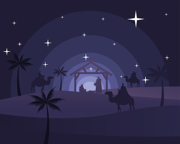 Premium Vector | Happy merry christmas card with holy family in stable ...