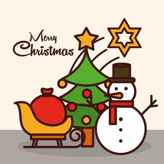 ハッピーメリークリスマス グリーティングカード雪だるまツリースターそりバッグイラストライン塗りつぶしアイコン プレミアムベクター