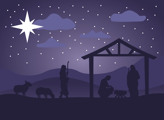 Premium Vector Happy Merry Christmas Manger Scene With Holy Family In Stable And Animals Night Illustration