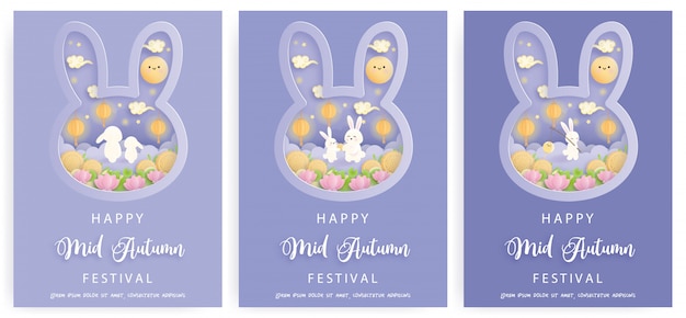 Happy mid autumn festival for card and banner with cute bunny and full moon, lantern.   illustration