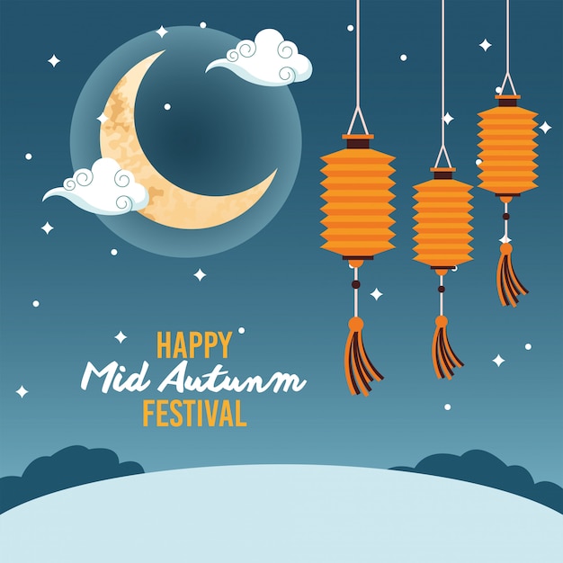 Premium Vector | Happy mid autumn festival with moon and lanterns ...