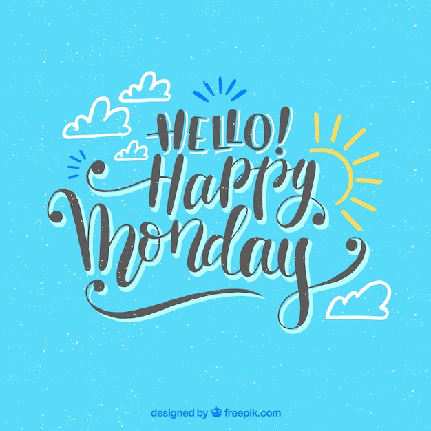 Happy monday blue background with drawing sun and clouds