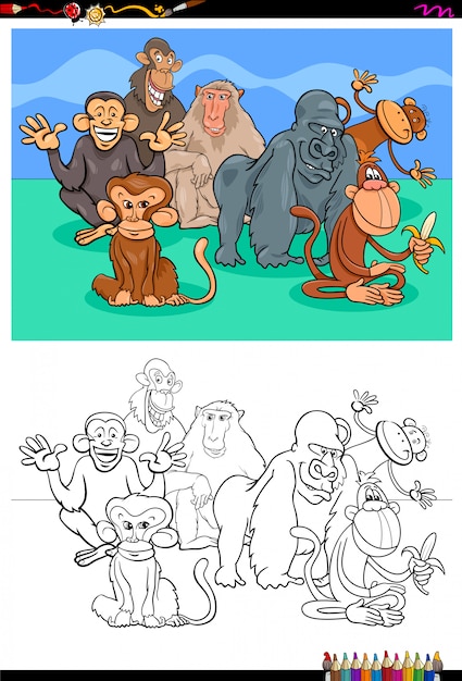 Happy monkeys characters group color book Premium Vector