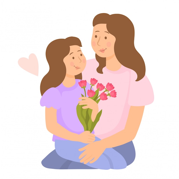 Happy mother and child giving her flowers | Premium Vector