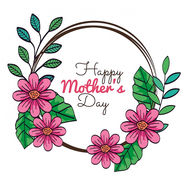 幸せな母の日カードと花装飾ベクトルイラストデザインと円形フレーム プレミアムベクター