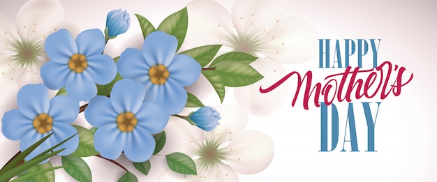 Free Vector Happy Mother Day Lettering And Blue Flowers Mothers Day Greeting Card