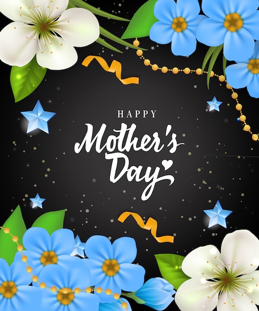 Happy Mother Day lettering with flowers on\
black background. Mothers Day greeting card