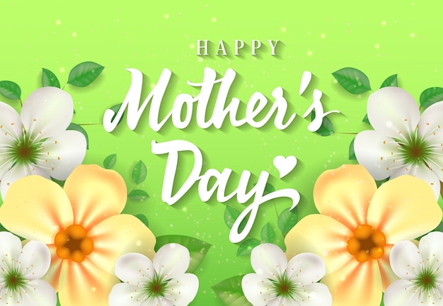 Happy Mother Day lettering with flowers on\
green background. Mothers Day greeting card.