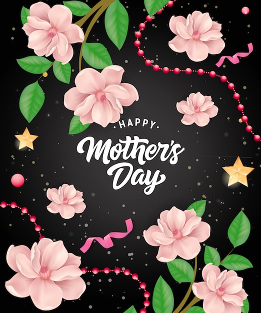 Happy Mother Day lettering with garlands and\
flowers. Mothers Day greeting card