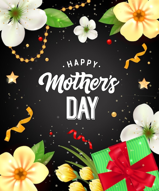 Happy Mother Day lettering with gift and\
flowers. Mothers Day greeting card