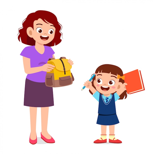 Happy mother preparing bag for her kid | Premium Vector