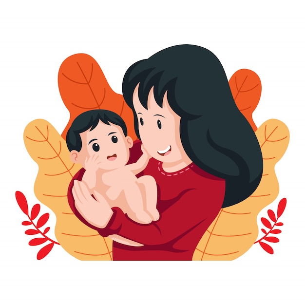 幸せな母の日カード 彼女の母親に触れるかわいい男の子 ハートのイラストで母親を抱き締めます プレミアムベクター