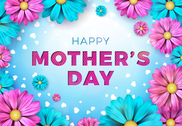 Happy Mother S Day Greeting Card Design With Flower Typographic Elements Blue Background 1314 1425 