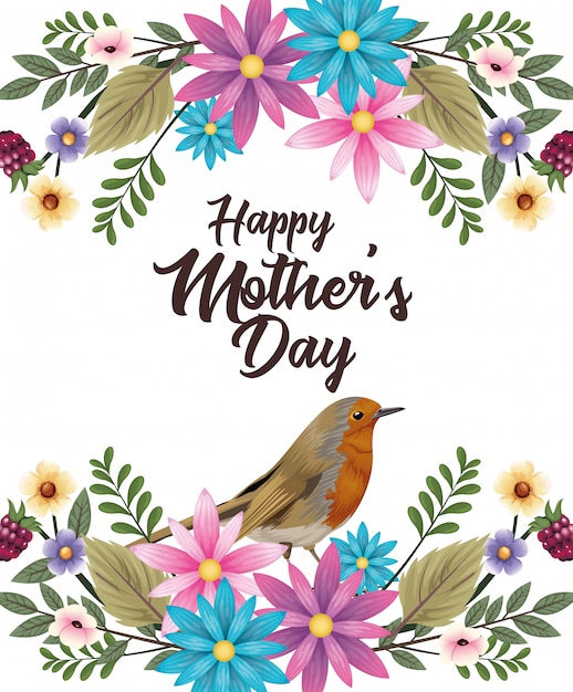 Premium Vector Happy Mothers Day Card With Flowers And Bird