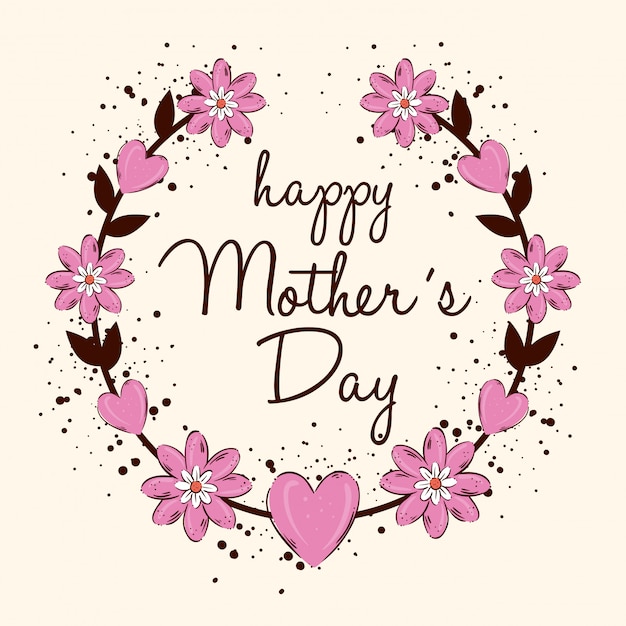 Happy mothers day card with round floral frame Premium Vector