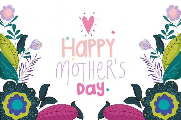 Premium Vector | Happy mothers day, flowers heart love leaves ...