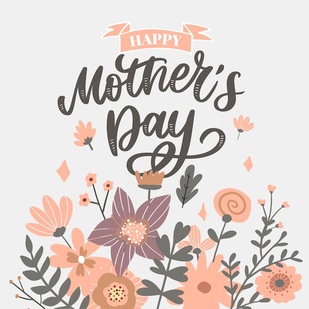 幸せな母の日レタリング 手作り書道イラスト 花と母の日カード プレミアムベクター