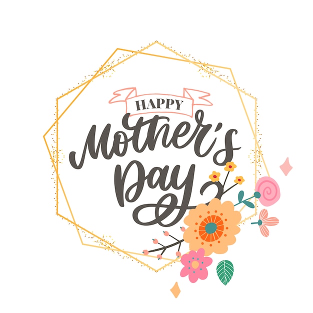 幸せな母の日レタリング 手作り書道イラスト 花の母の日カード プレミアムベクター