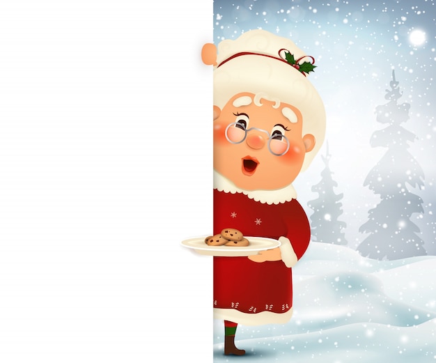 Happy Mrs Claus Cartoon Character Standing Blank Sign With Cookies Showing Big Blank Sign With Falling Snow Illustration 209425 121 