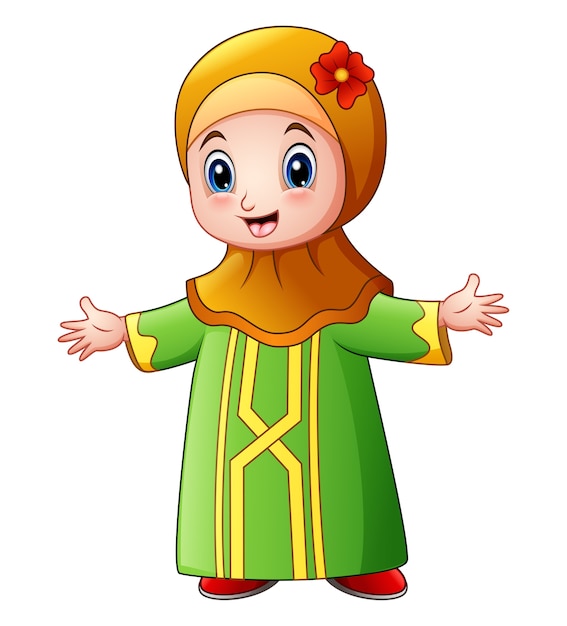 Premium Vector | Happy muslim girl cartoon waving isolated