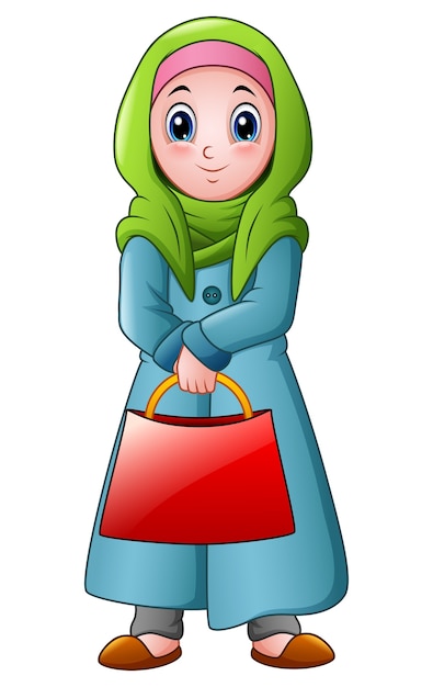 Premium Vector | Happy muslim girl holding red bag