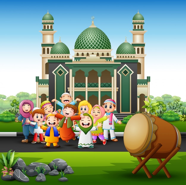 Premium Vector | Happy Muslim Kids Cartoon In Front Of A Mosque