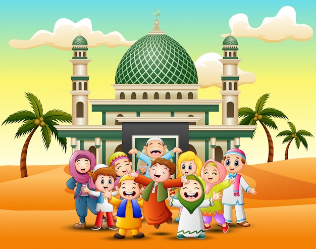 Happy Muslim Kids Cartoon In Front Of A Mosque | Premium Vector