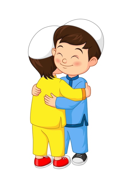 Premium Vector | Happy muslim kids hugging celebrating eid al fitr