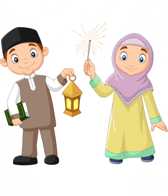 Happy muslim kids with quran book and ramadan lantern ...