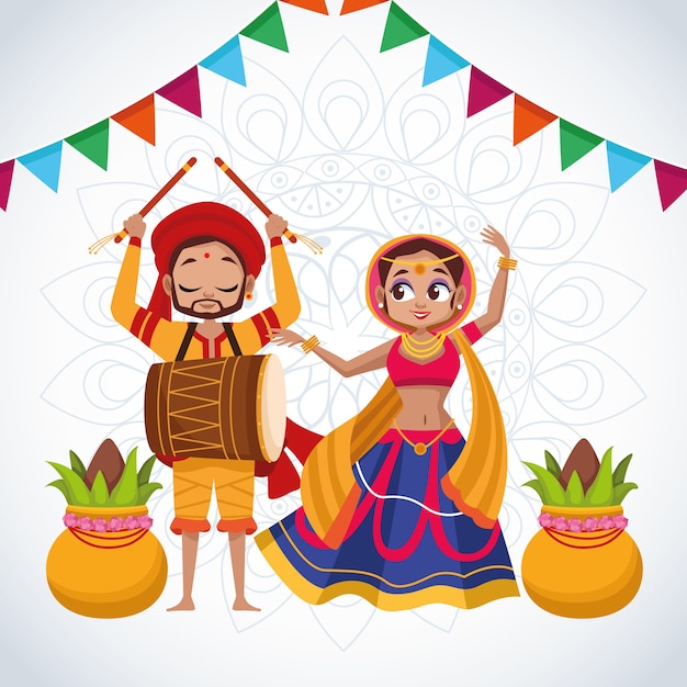 Premium Vector | Happy navratri celebration card couple dancing and playing drum with garlands