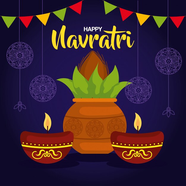 Premium Vector | Happy navratri celebration greeting card with plant in ...