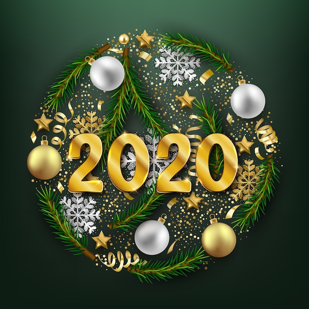 Premium Vector | Happy new 2020 year decorative postcard, baubles and