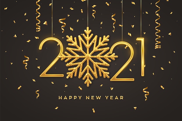 Premium Vector | Happy new 2021 year. hanging golden metallic numbers 2021 with shining