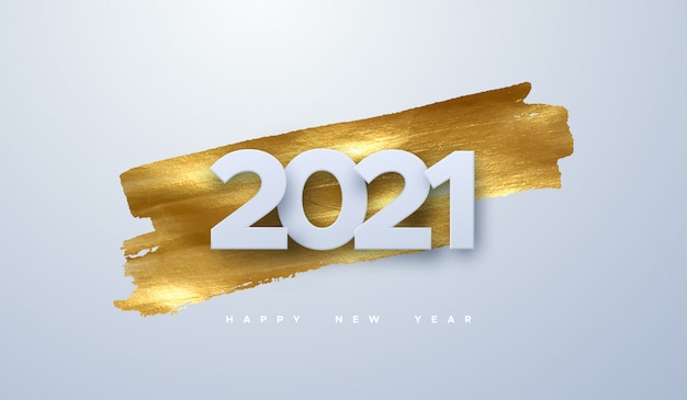 ハッピーニュー21年 紙の休日イラストは 黄金の塗料の背景に数字をカットしました お祝いイベントのバナー プレミアムベクター