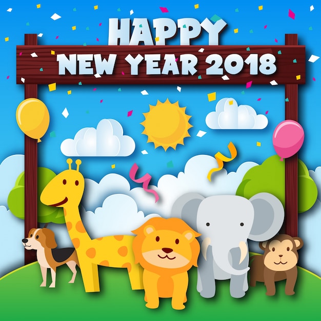 かわいい快活な動物園動物のテーマhappy New Year 2018ペーパーアート
