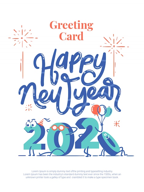 Happy new year 2020 cartoon lettering greeting card postcard | Premium Vector
