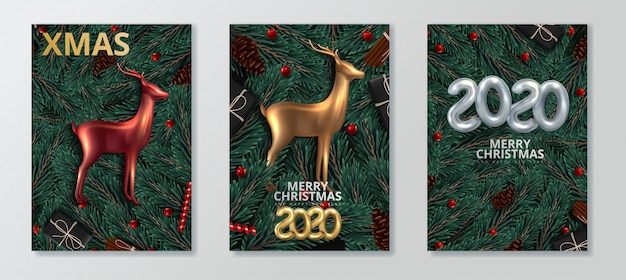 Premium Vector | Happy new year 2020 and merry christmas greeting card set