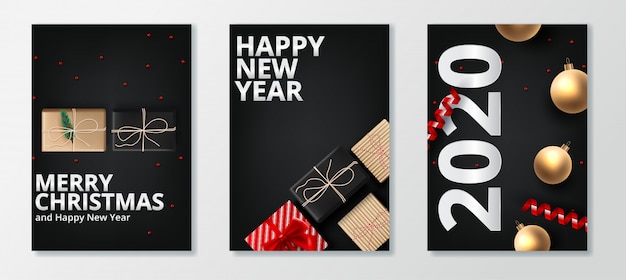 Premium Vector | Happy new year 2020 and merry christmas greeting card set