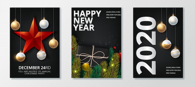 Happy new year 2020 and merry christmas greeting card set Vector | Premium Download