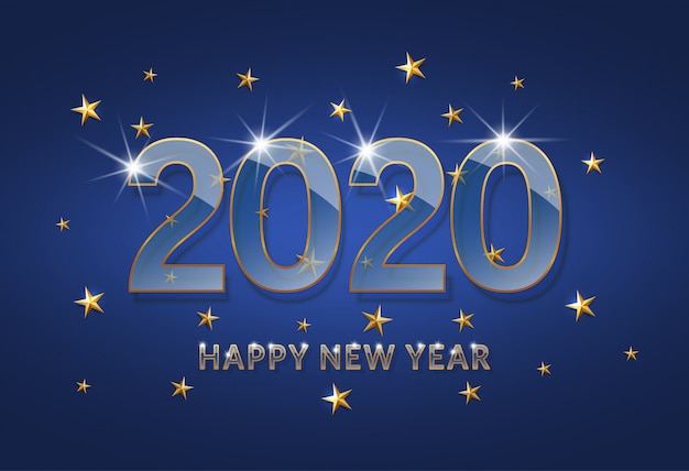 Happy new year 2020. transparent glass font with a gold outline on a dark blue background