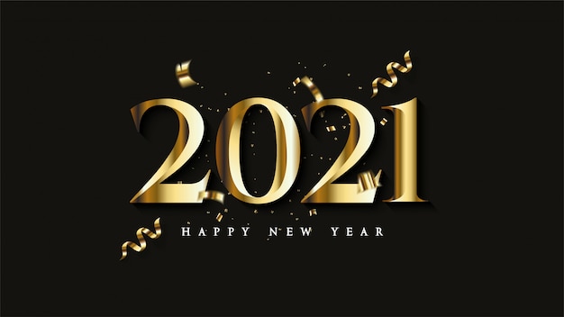 新年あけましておめでとうございます21 金色のリボンの部分と金の数字のイラスト プレミアムベクター