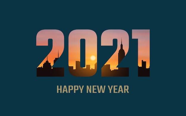 Premium Vector | Happy new year 2021 with sun rise and silhouette city ...