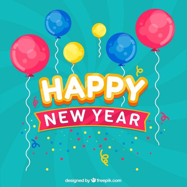 Happy new year background with colorful
balloons in flat design