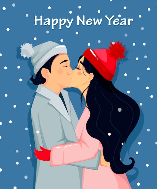 Happy new year, beautiful couple kissing Premium Vector
