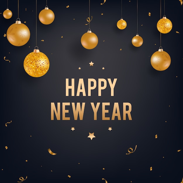 Premium Vector | Happy new year black background with gold christmas balls