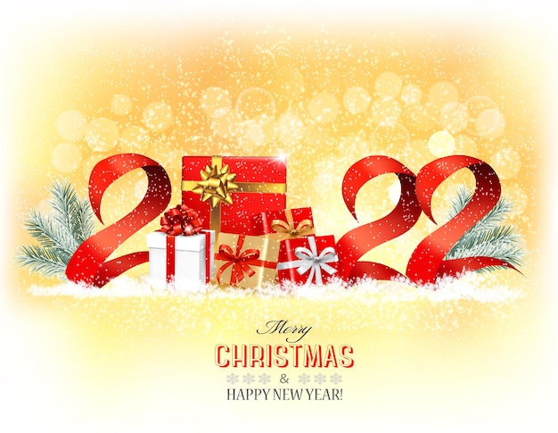 2022 Christmas Vacations Premium Vector | Happy New Year And Christmas Holiday Background With A 2022  And Gift Boxes And Ribbons Vector