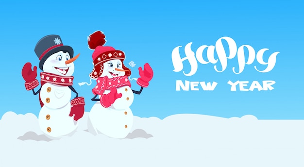 Premium Vector | Happy new year greeting card with couple of snowman ...