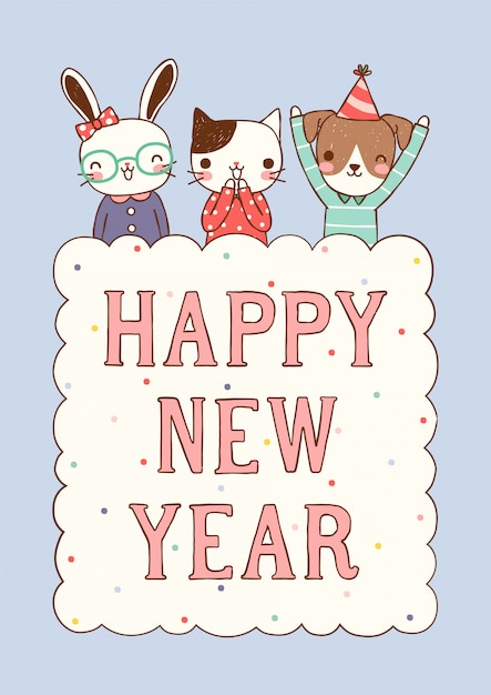 Happy new year greeting card with cute animal in flat style Vector ...