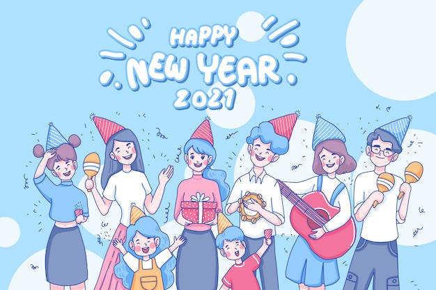 新年あけましておめでとうございますイラスト 一緒に祝う人漫画イラスト プレミアムベクター